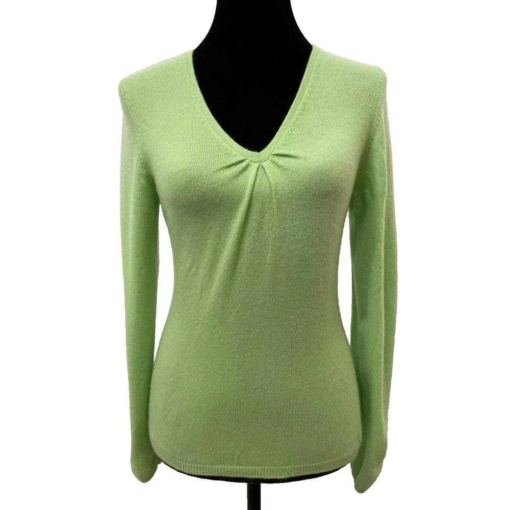 Talbots Womens Pullover Ruched V-Neck Sweater Petite Medium Green‎ 100% Cashmere